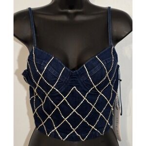 NWT Story On Women's Rhinestone Studded Denim Bustier Crop Top Size Medium Party